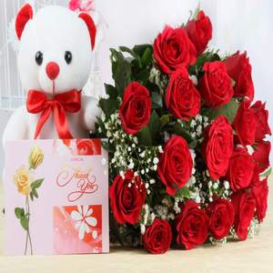 12 Red Roses Bunch, 1 Teddy Bear and Greeting Card